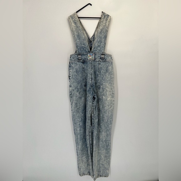 Vintage 90’s Acid Wash Front Pocket Cartoon Patch Seamed Straight Leg Jumpsuit - Picture 10 of 12